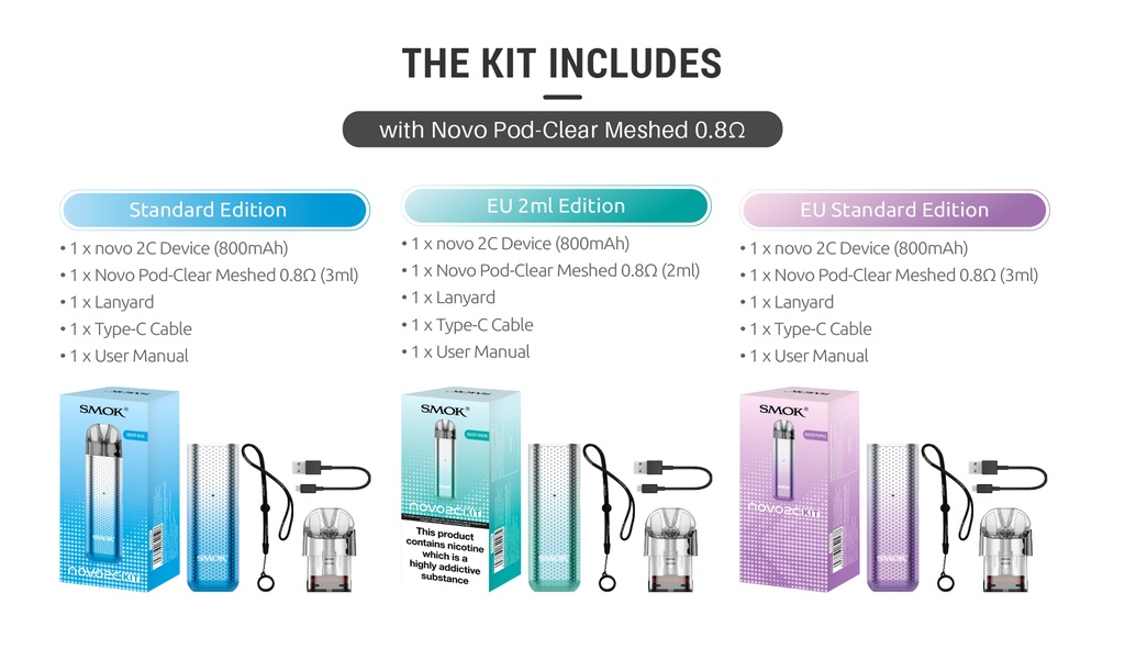SMOK Novo 2C 800mAh Pod System Starter Kit With 2ML Refillable Pod (MSRP $15.00)