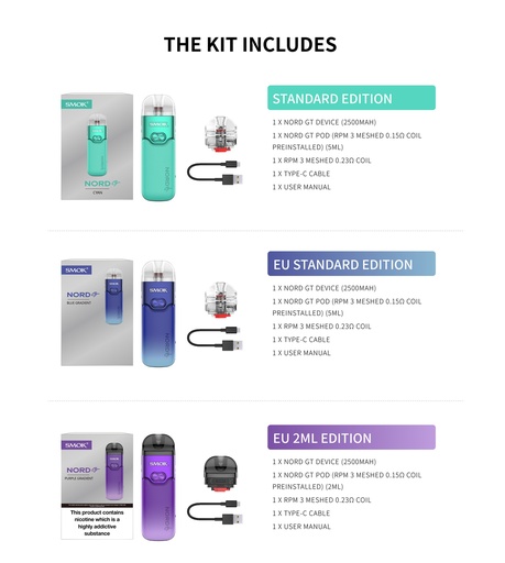 SMOK Nord GT 2500mAh Pod System Starter Kit With 5ML Refillable Pod (MSRP $45.00)